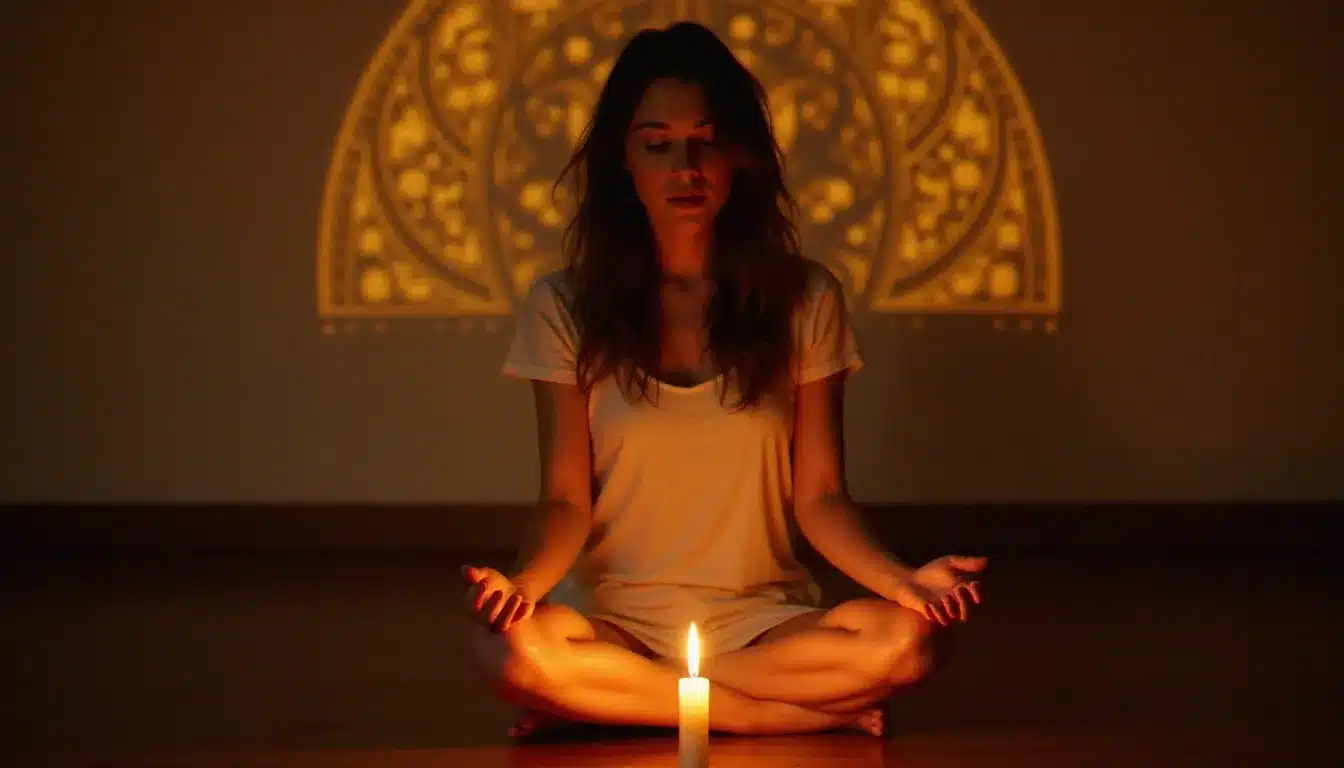 Femme en méditation à la bougie lors d'un rituel spirituel lié à la 555 signification flamme jumelle, assise en paix dans une pièce aux lumières dorées