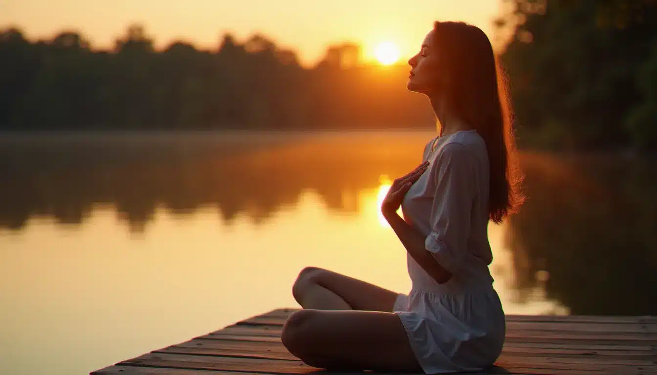 Une femme méditant seule au bord d'un lac au coucher du soleil, main sur le cœur, dans un état de reconnaissance intérieure et d'écoute des signes de l'âme sœur