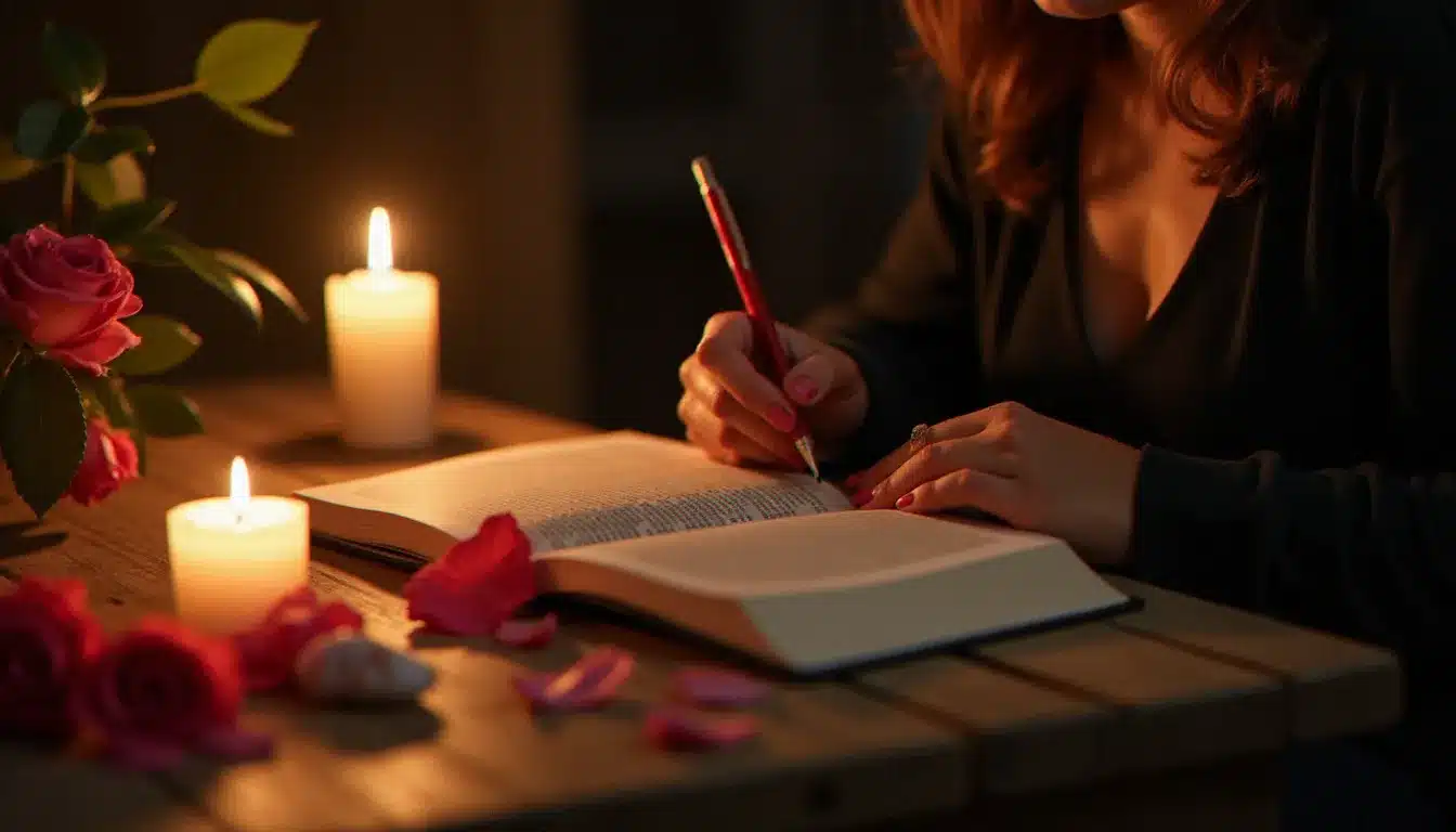 Une femme écrivant dans un journal à la lueur des bougies entourée de cristaux, pratiquant un rituel d'intention pour préparer la rencontre avec son âme sœur