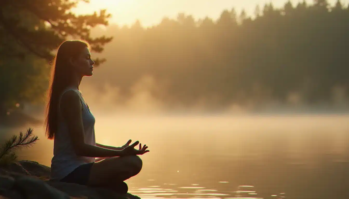 Femme en méditation profonde au bord d'un lac à l'aube, lumière dorée du matin filtrant à travers les arbres, dans une posture de réceptivité intérieure symbolisant la reconnexion à soi avant la rencontre de l'âme sœur