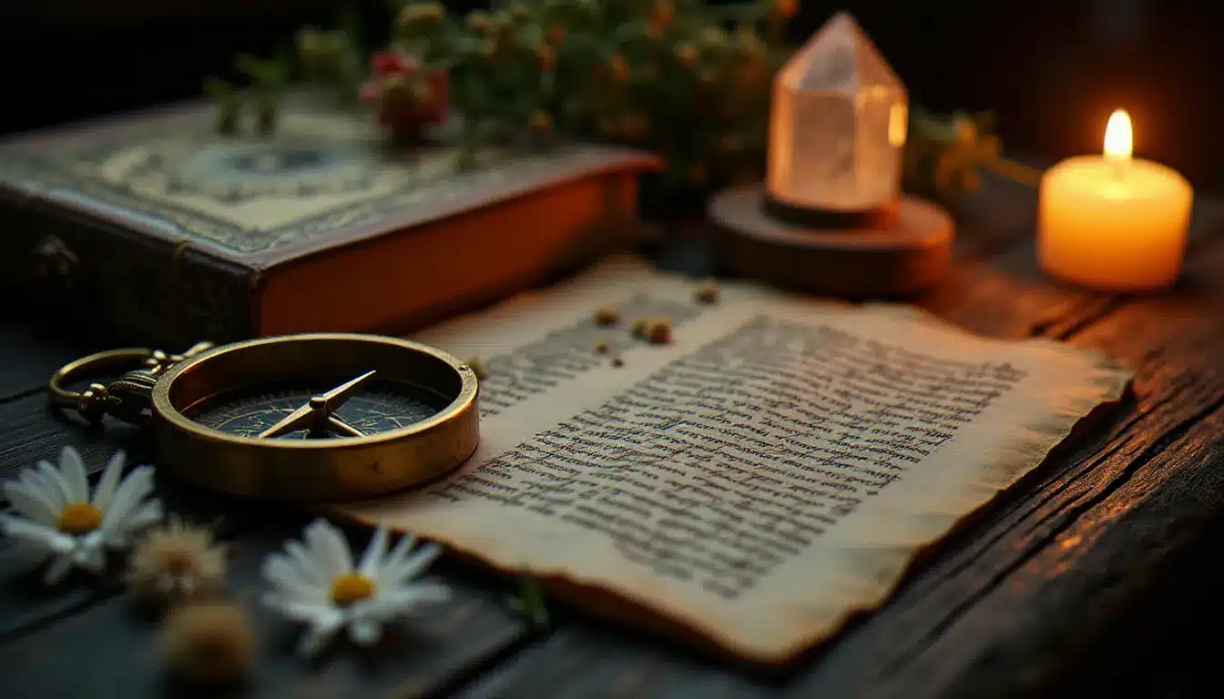 Manuscrits anciens enluminés, cristal de quartz, boussole et chandelle disposés sur une table en bois sombre, évoquant la convergence des grandes traditions spirituelles mondiales et leur vision partagée de l'âme sœur
