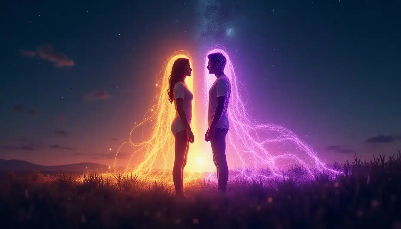 Deux silhouettes lumineuses face à face sous un ciel étoilé au crépuscule, une énergie dorée et violette circulant entre elles, illustrant la définition spirituelle de l'âme sœur comme connexion d'âmes prédestinée