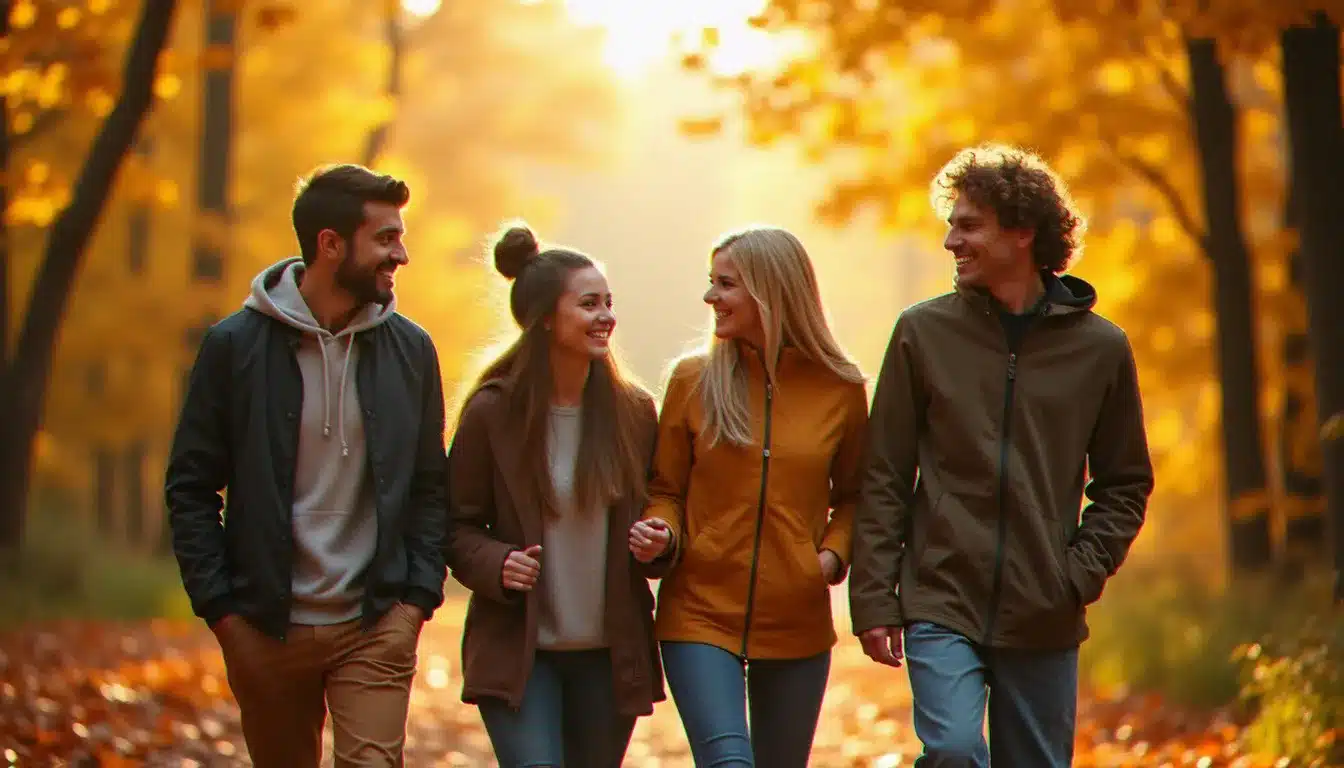 Groupe d'amis marchant ensemble en forêt en automne, illustrant les différents types de liens entre âmes sœurs au-delà de la relation romantique