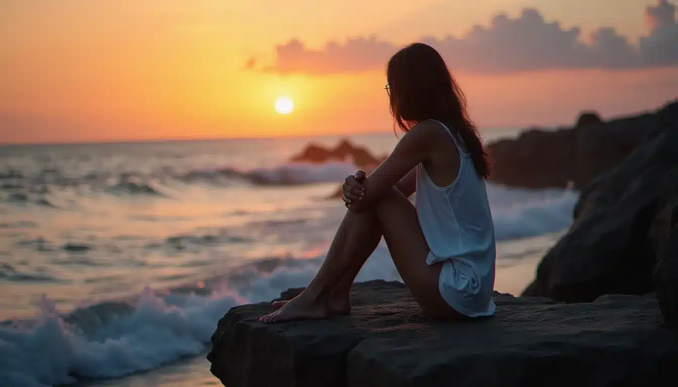 Femme solitaire assise sur un rocher face à la mer au coucher du soleil, représentant la douleur transformatrice d'une rencontre d'âme sœur karmique