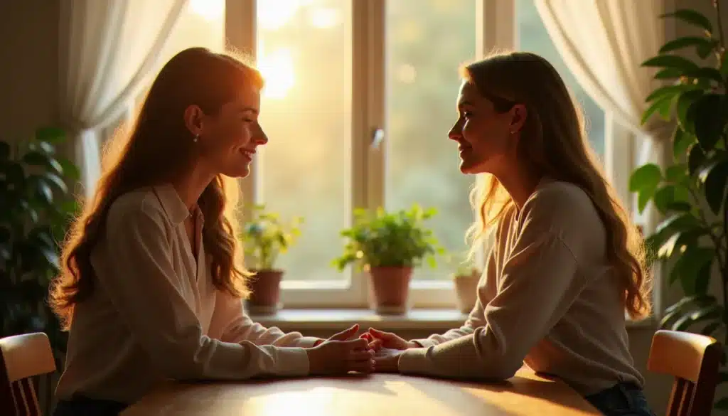 Deux femmes face à face dans une pièce lumineuse, symbolisant une connexion profonde d'âmes sœurs définition lors d'un moment d'introspection partagée