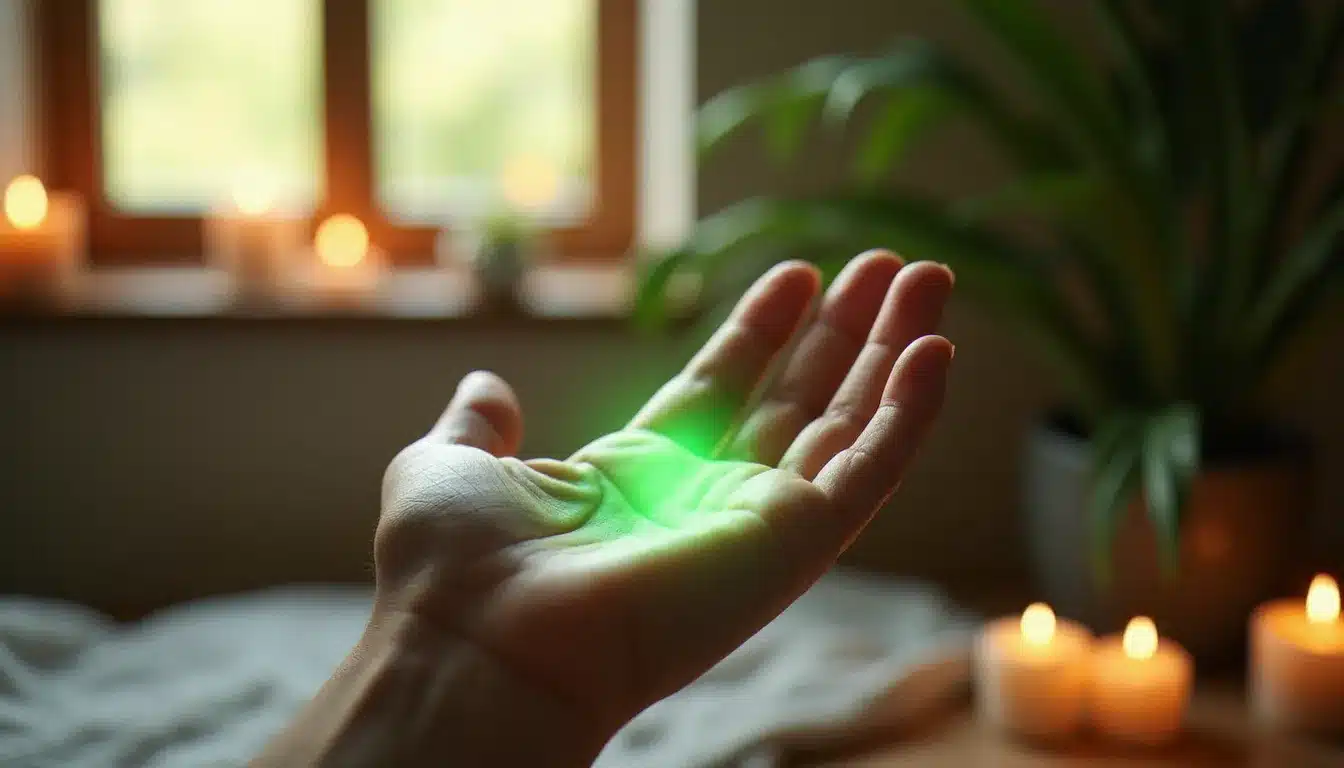 Paume de main avec un halo lumineux vert émeraude, évoquant la perception et l'interprétation d'une aura verte lors d'une séance énergétique