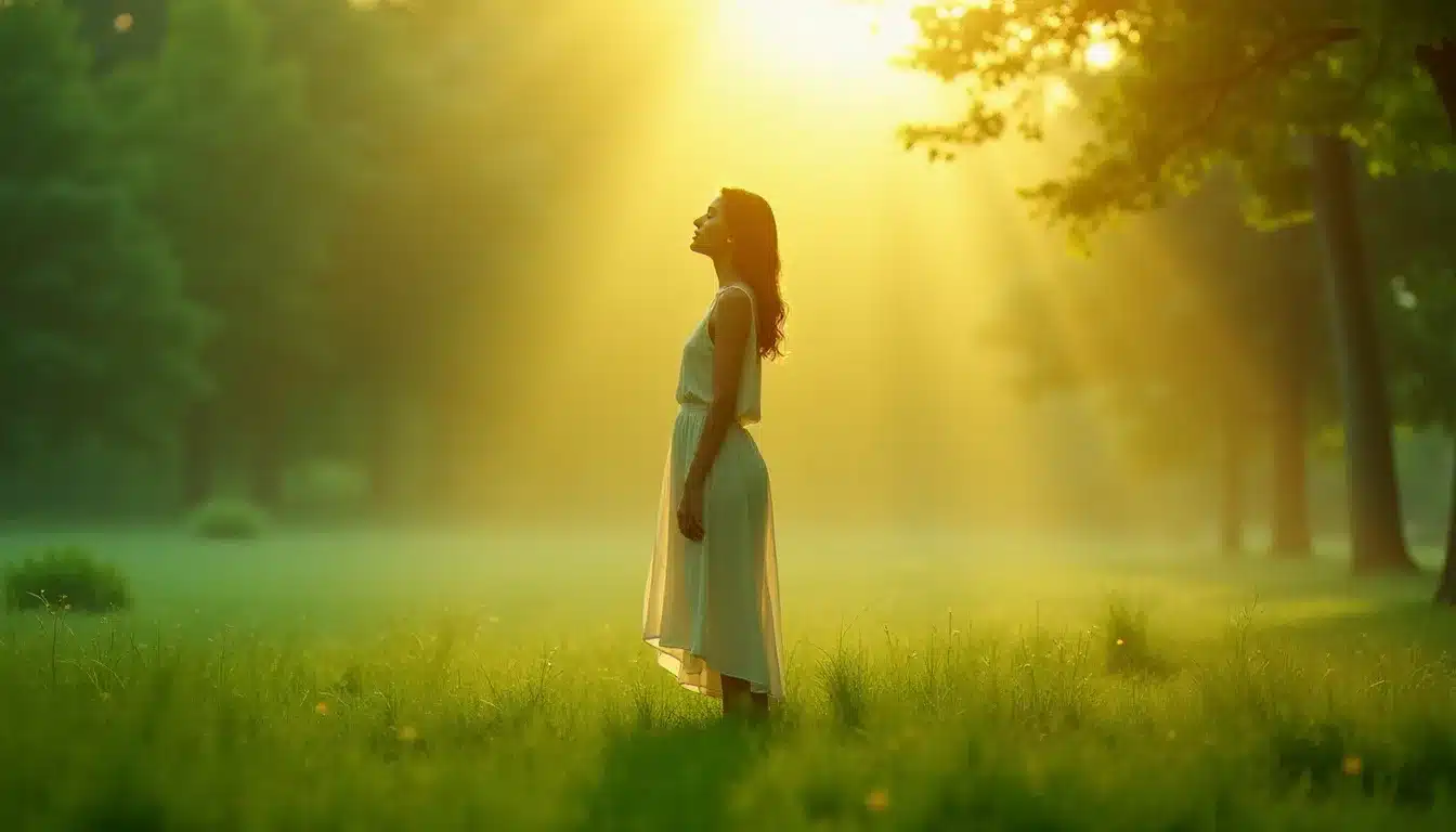 Femme debout pieds nus sur l'herbe à l'aube, entourée d'un halo d'aura verte, pratiquant un ancrage énergétique dans la nature