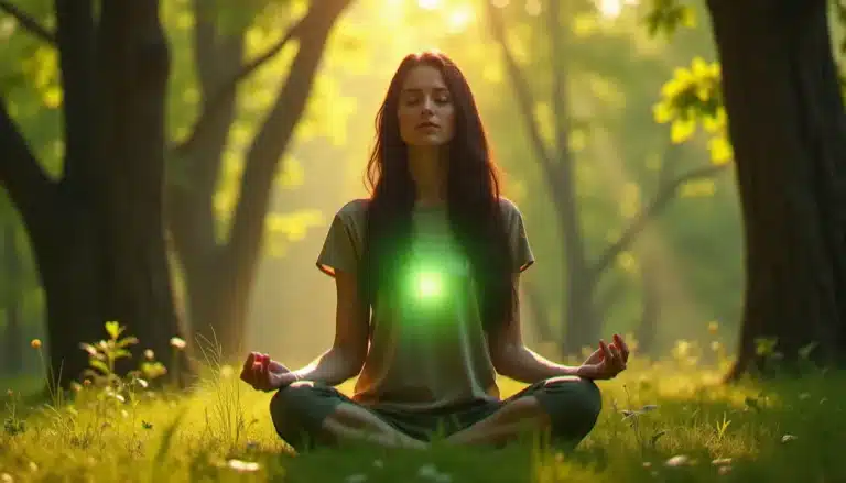Femme en méditation dans une clairière baignée de lumière verte, illustrant l'aura verte et sa signification spirituelle liée au chakra du cœur