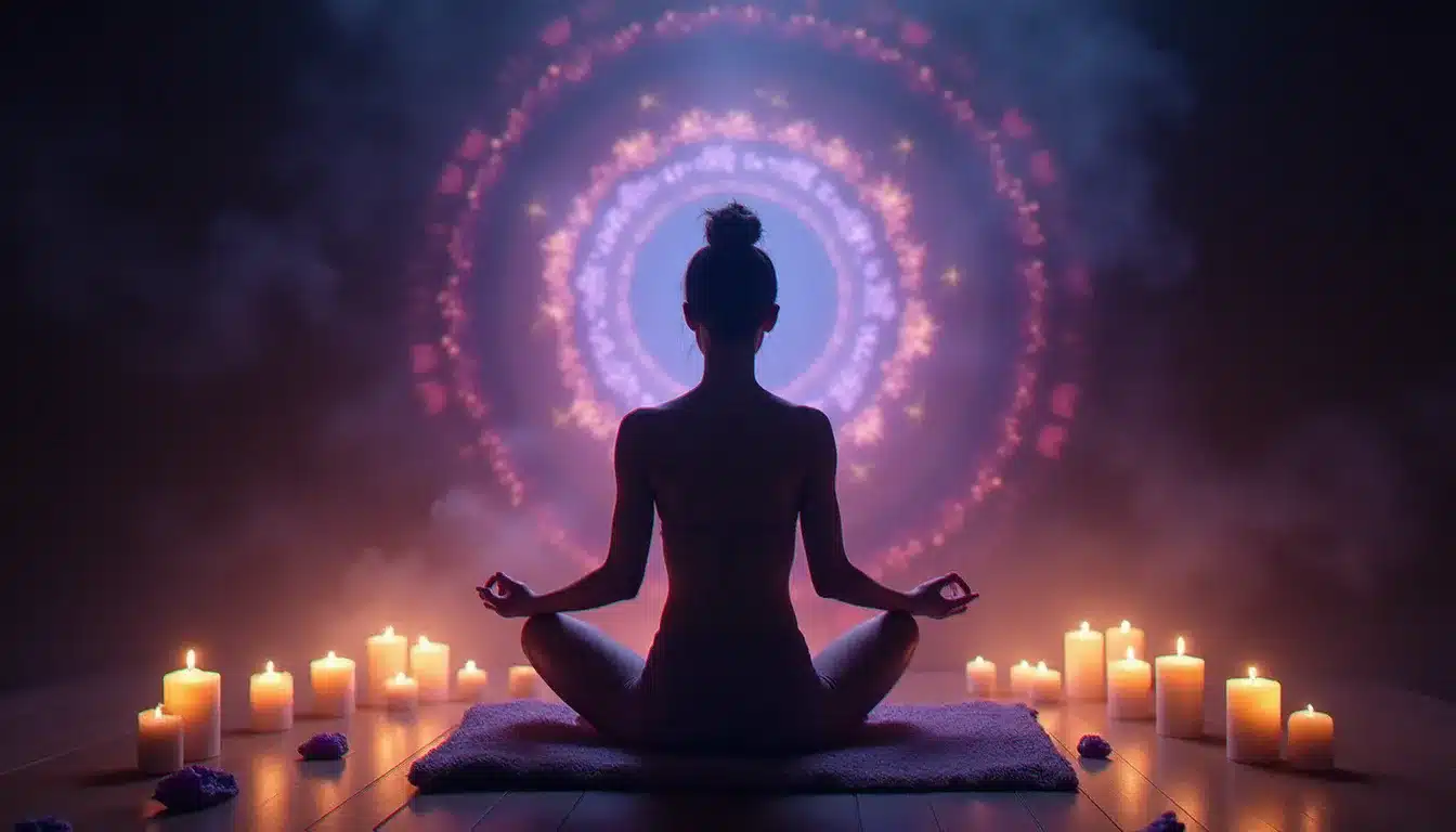 Femme en méditation profonde assise entourée de cristaux d'améthyste et de bougies, avec des couches de lumière indigo et rose dorée rayonnant en cercles concentriques illustrant le travail actif avec les auras couleurs
