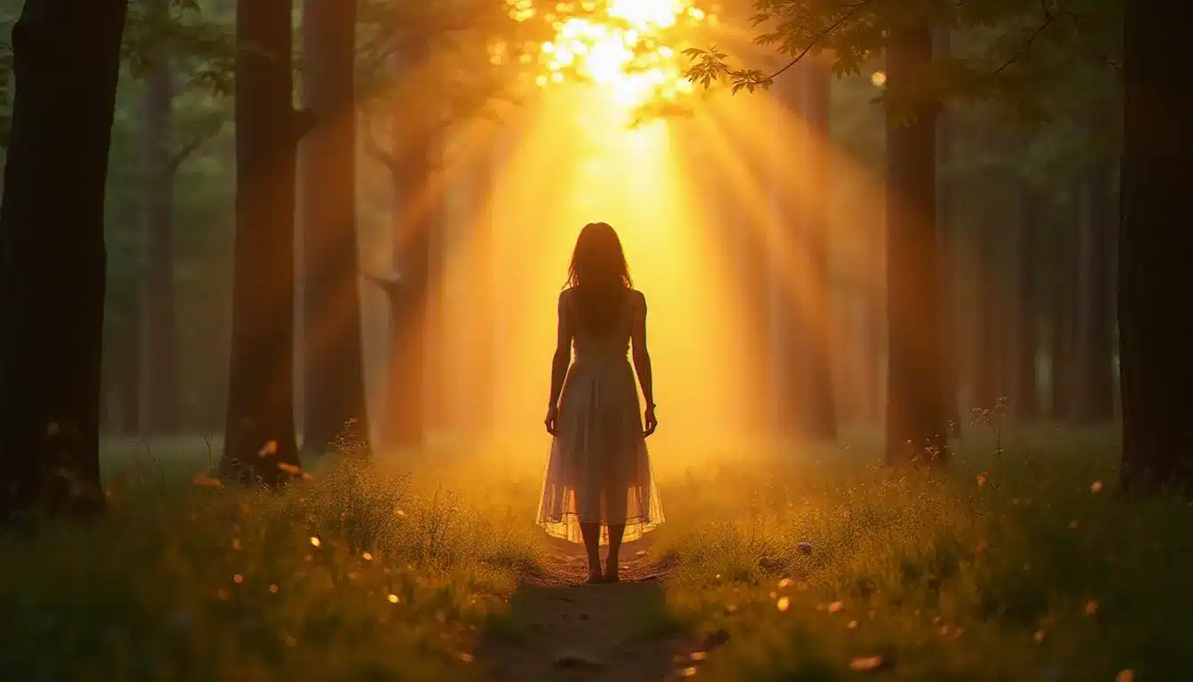Femme debout dans une clairière ensoleillée entourée d'un champ lumineux coloré aux teintes violettes, dorées et vertes illustrant les auras couleurs et le champ énergétique humain
