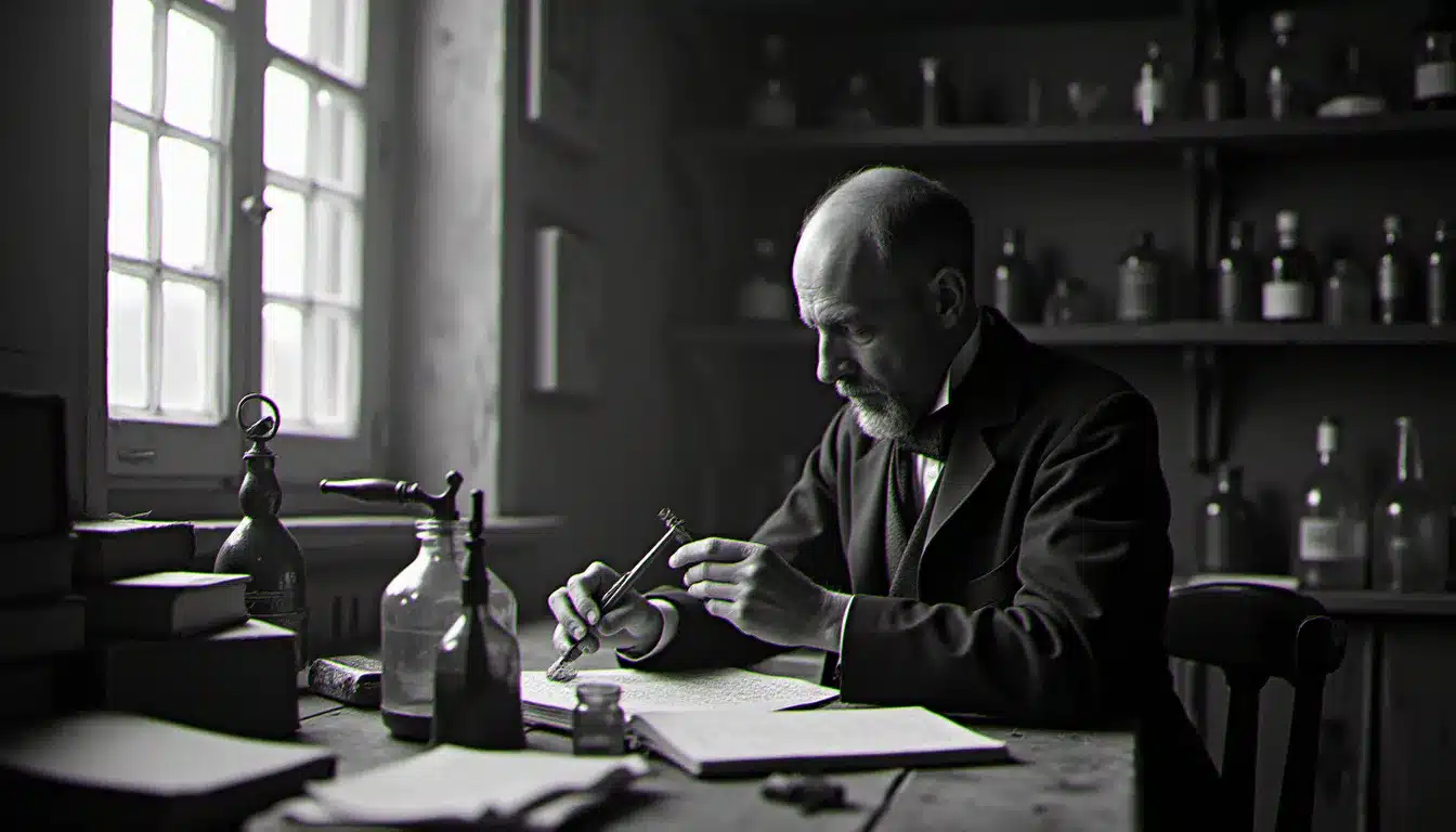 Reconstitution atmosphérique d'un chercheur français du début du XXe siècle étudiant des substances avec des instruments de mesure anciens, évoquant les travaux pionniers d'Alfred Bovis sur l'échelle vibratoire