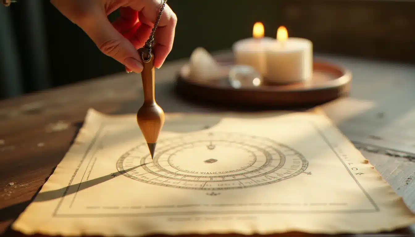 Pendule en bois naturel suspendu au-dessus d'un cadran de biomètre de Bovis sur papier ancien, utilisé pour mesurer le taux vibratoire d'un espace dans une pratique de radiesthésie spirituelle