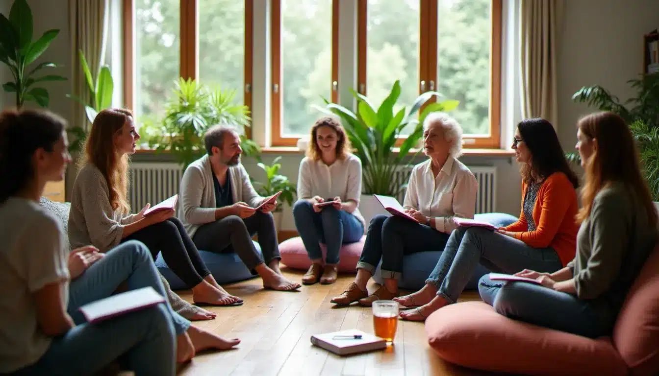 Groupe de participants en formation coach spirituel assis en cercle lors d'une session de supervision collective, symbolisant l'apprentissage en communauté