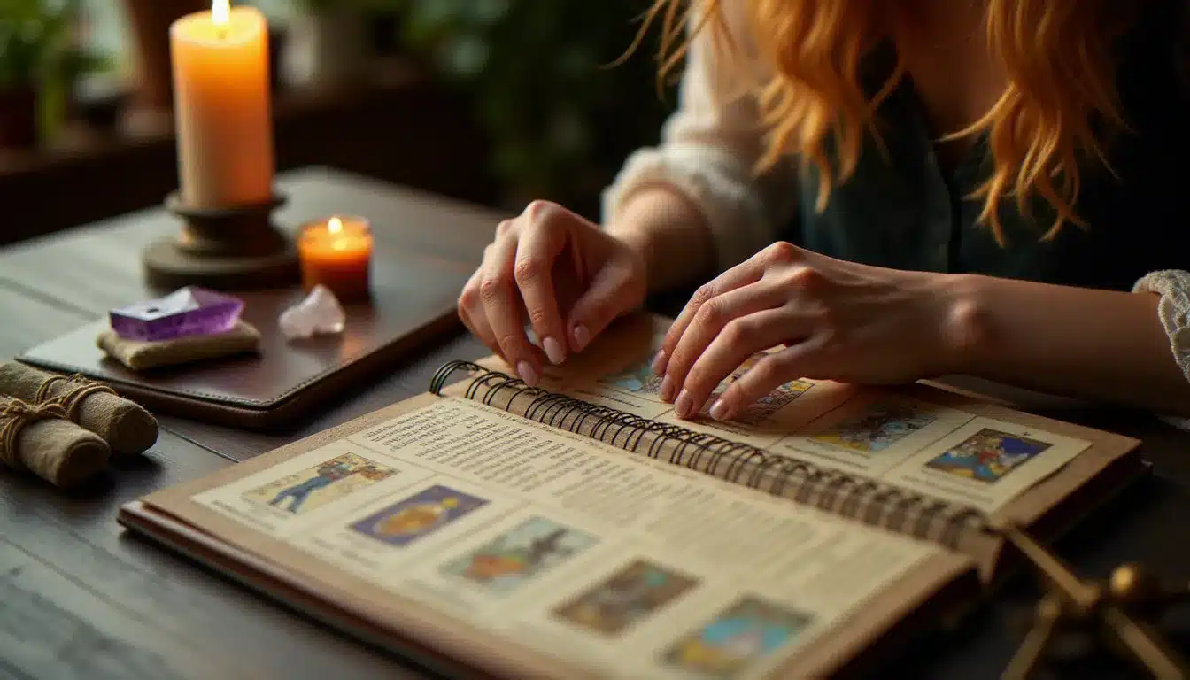 Outils de travail d'une coach spirituelle — cartes de tarot, numérologie et cristaux disposés sur un bureau, représentant les compétences pratiques acquises en formation