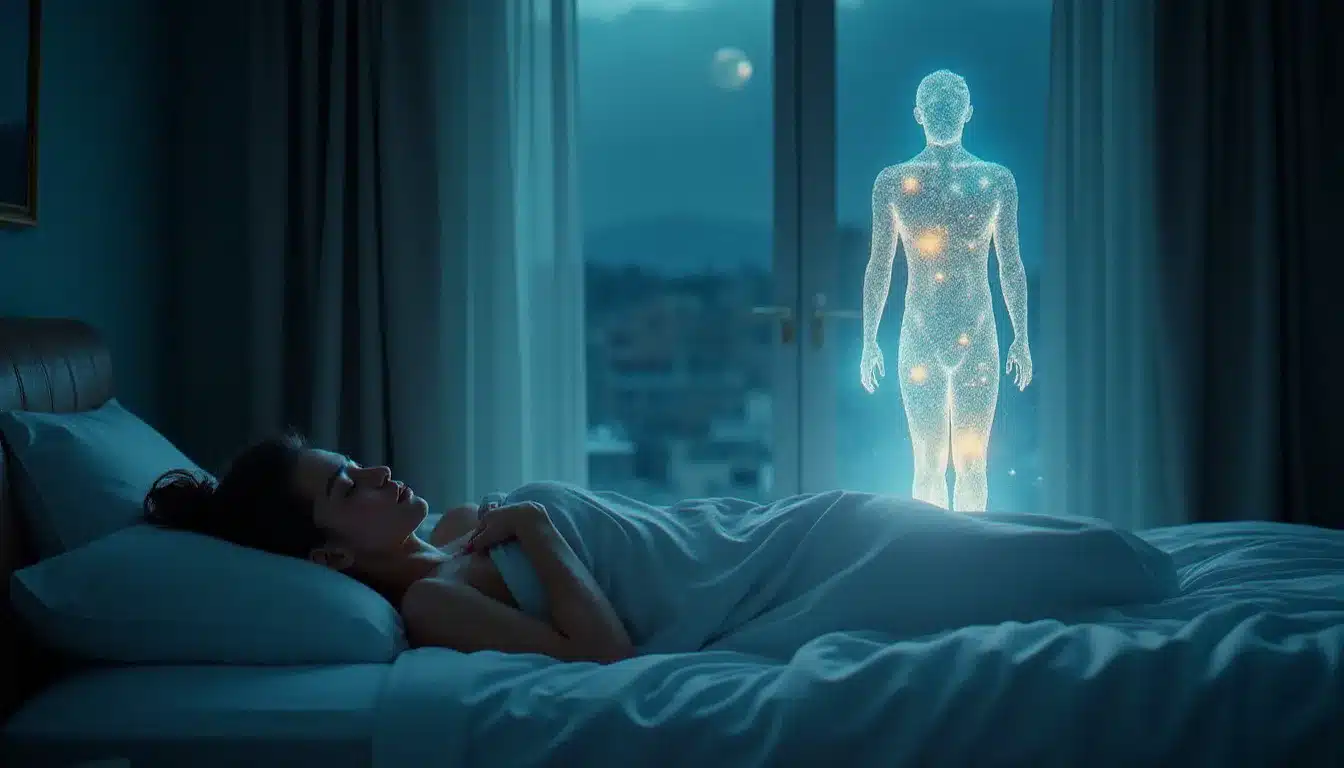 Silhouette lumineuse translucide d'une entité bienveillante veillant sur une femme endormie dans un clair de lune, symbolisant la présence protectrice des entités lumineuses