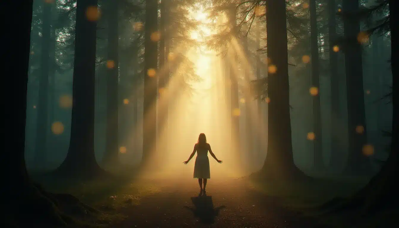 Femme debout dans une forêt ancienne brumeuse à l'aube entourée d'orbes de lumière dorée flottants, illustrant la perception naturelle des différents types d'entités par les personnes sensitives