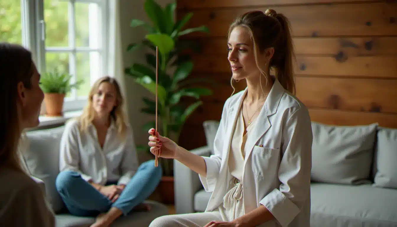 Thérapeute utilisant une baguette de sourcier dans un cabinet de consultation énergétique pour évaluer l'environnement vibratoire d'un client