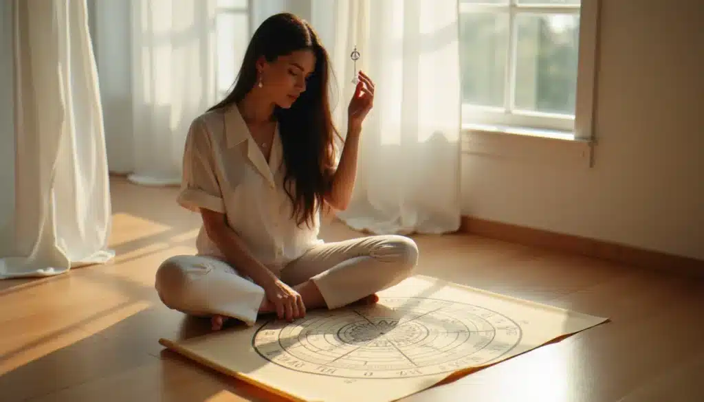 Femme utilisant un pendule en cristal au-dessus d'un diagramme de l'échelle de Bovis lors d'une séance de radiesthésie dans un espace lumineux