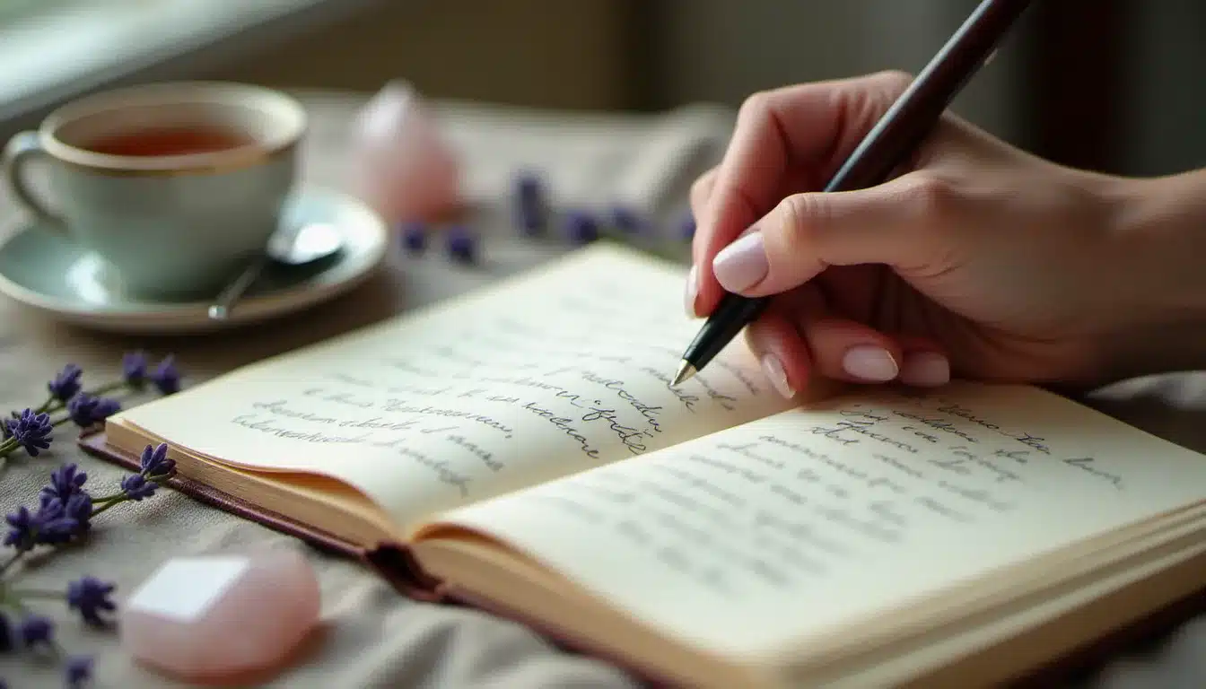 Gros plan d'une main d'écrivain traçant des mots dans un carnet ouvert entouré de lavande séchée et d'un cristal rose quartz, illustrant l'écriture comme pratique spirituelle quotidienne et outil thérapeutique