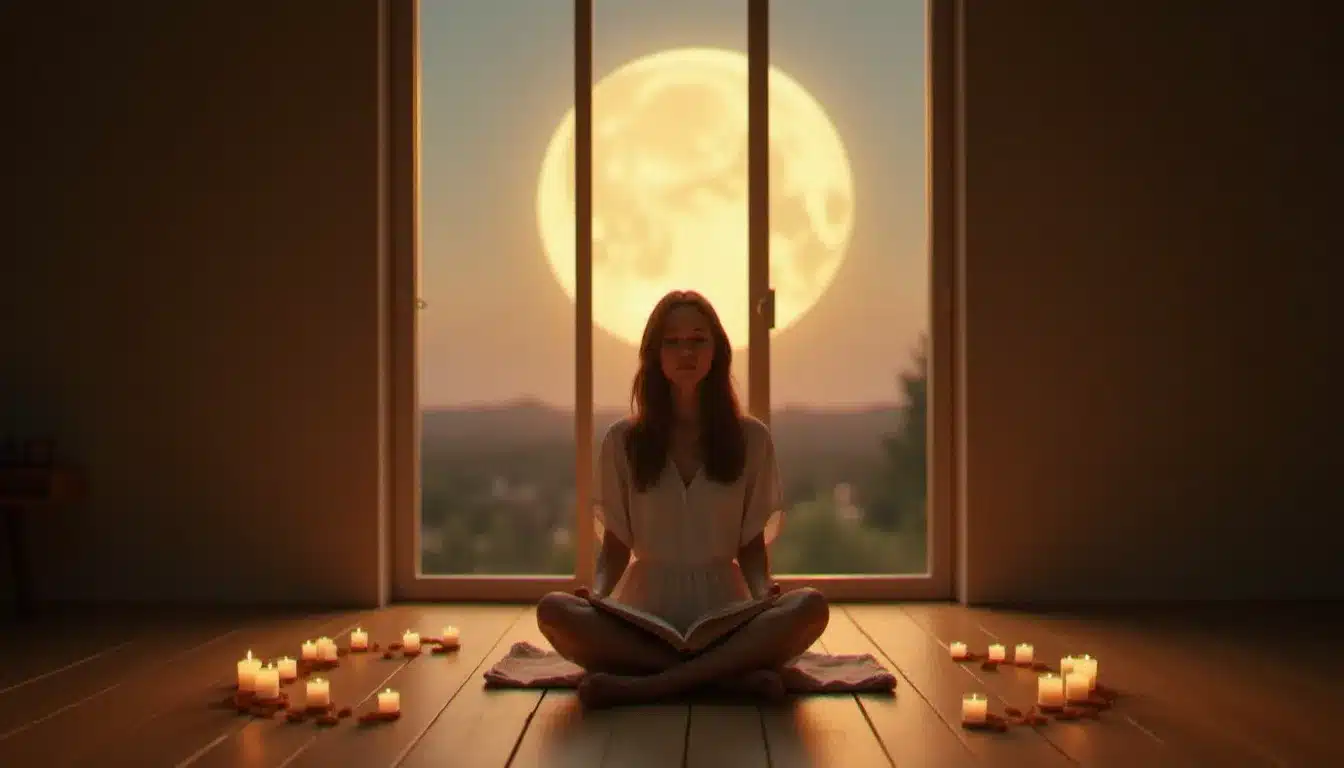 Une femme en robe blanche méditant avec son journal sur les genoux, assise face à une porte vitrée illuminée par la pleine lune entourée de bougies, illustrant le rituel d'écriture spirituelle guidé par le cycle lunaire