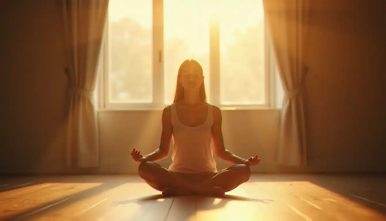 Une femme en méditation solitaire dans une pièce lumineuse, main sur le cœur, dans un moment d'introspection évoquant le travail intérieur lié à la connexion de flamme jumelle