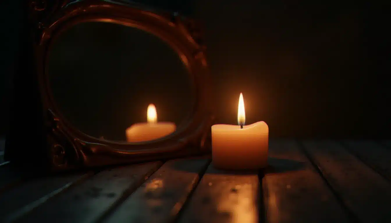 Une flamme de bougie et son reflet dans un miroir sombre, symbolisant les deux polarités de la flamme jumelle et leur dualité dans la relation intime