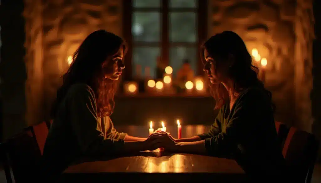 Deux personnes face à face à la lumière d'une bougie, leurs regards exprimant une reconnaissance profonde, illustrant l'intensité d'une flamme jumelle relation intime