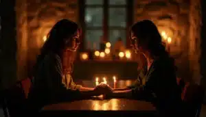 Deux personnes face à face à la lumière d'une bougie, leurs regards exprimant une reconnaissance profonde, illustrant l'intensité d'une flamme jumelle relation intime