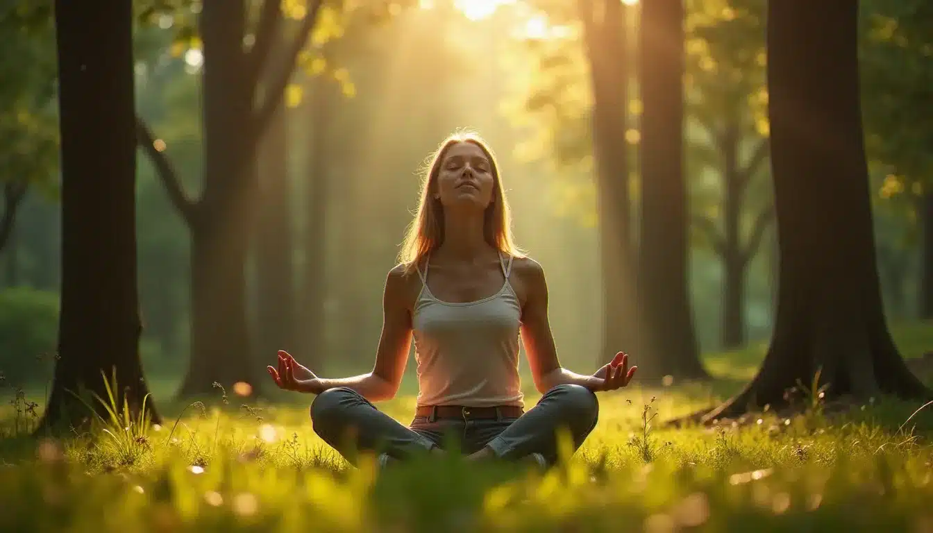 Une femme en méditation dans une clairière ensoleillée, visage serein, évoquant la paix intérieure caractéristique de la fin de parcours spirituel