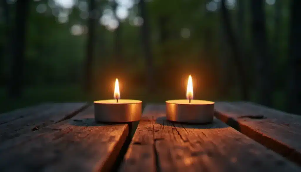 Deux flammes de bougies brûlant de façon indépendante sur une surface en bois au crépuscule, symbolisant les flammes jumelles en fin de parcours