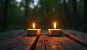 Deux flammes de bougies brûlant de façon indépendante sur une surface en bois au crépuscule, symbolisant les flammes jumelles en fin de parcours