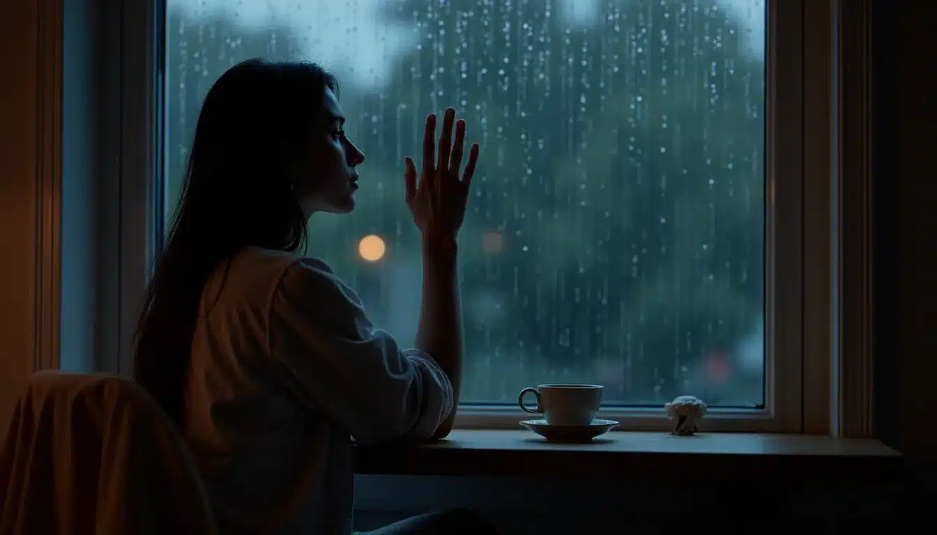 Une femme seule près d'une fenêtre sous la pluie, main posée sur le verre, incarnant la posture du chaser en attente et en introspection
