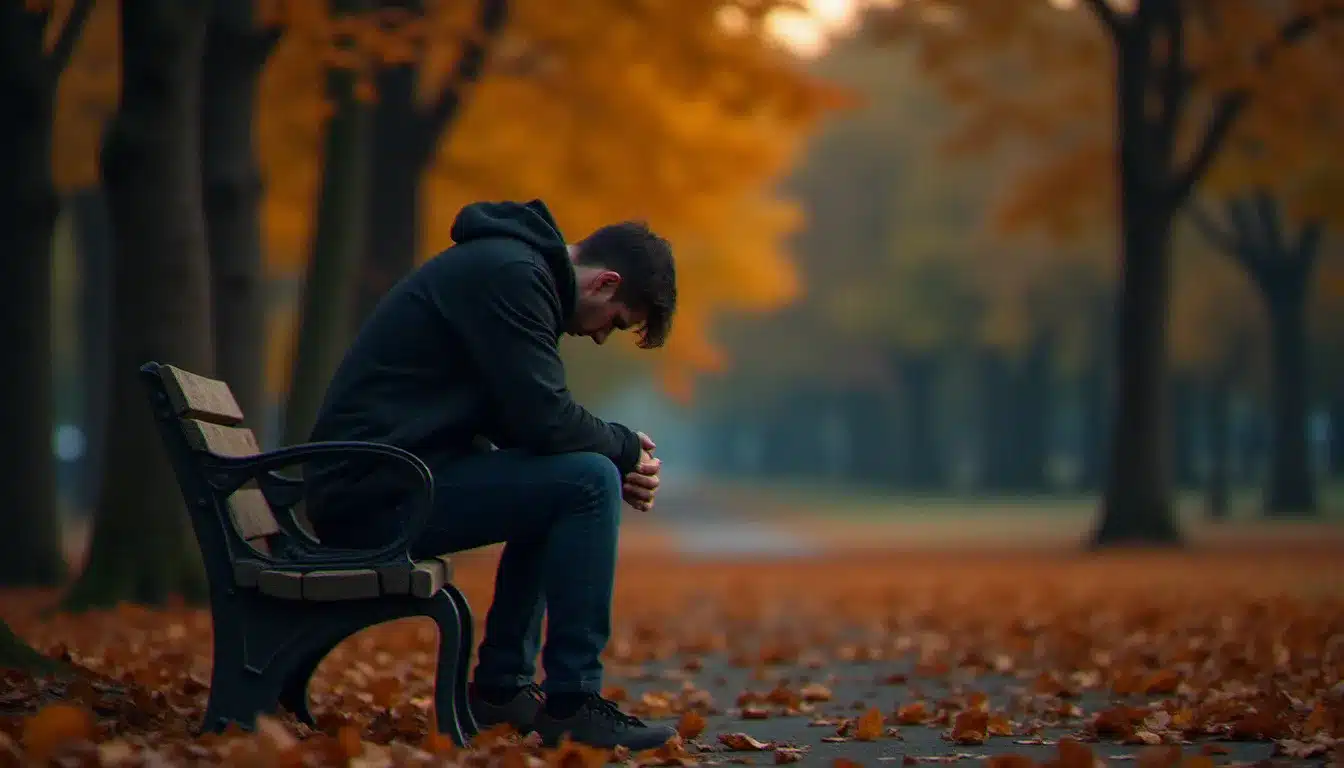 Un homme seul sur un banc de parc au crépuscule, l'air tourmenté, symbolisant la fuite intérieure du runner malgré l'amour ressenti pour le chaser
