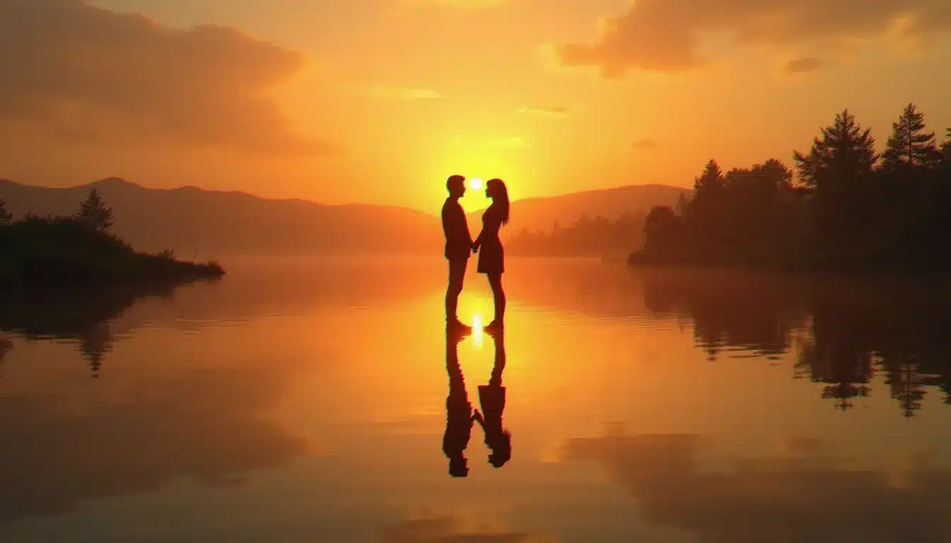 Deux silhouettes face à face de chaque côté d'un lac au coucher du soleil, leurs reflets fusionnant dans l'eau, symbolisant la connexion énergétique entre runner et chaser dans la dynamique des flammes jumelles