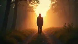 Un homme seul au bord d'une forêt brumeuse regarde en arrière vers une lumière dorée, illustrant l'amour du runner pour le chaser et la tension entre fuite et attraction
