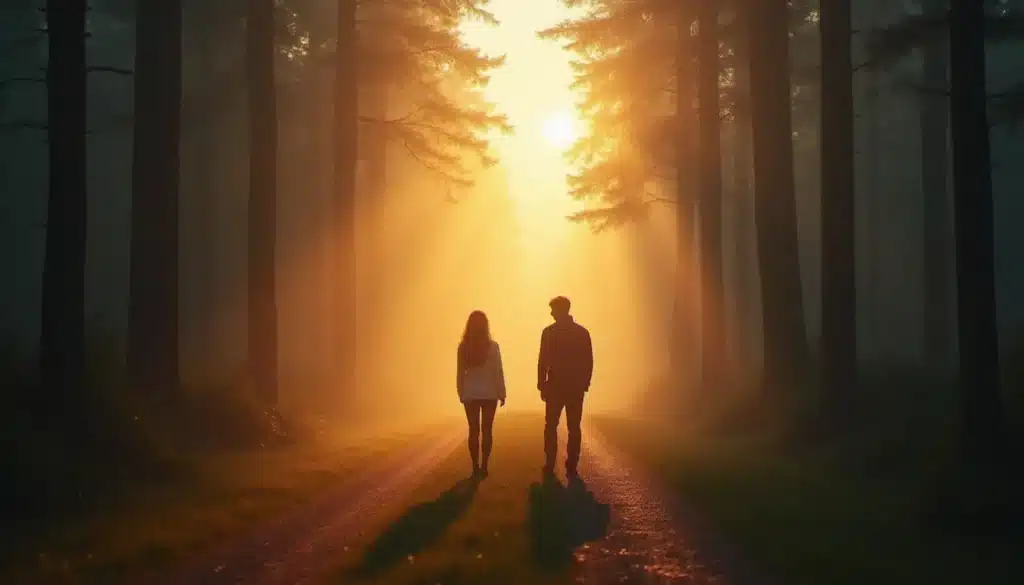 Deux silhouettes séparées sur un chemin forestier brumeux à l'aube, illustrant l'amour du runner pour le chaser dans la dynamique des flammes jumelles