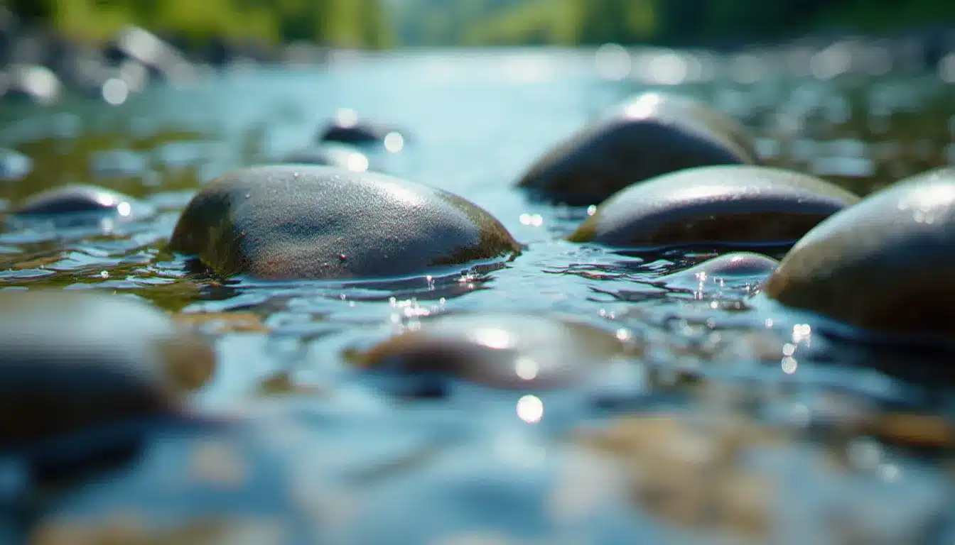Eau vive transparente coulant sur des galets lisses dans une rivière naturelle, illustrant le pouvoir purificateur de l'eau courante dans le travail de purification énergétique