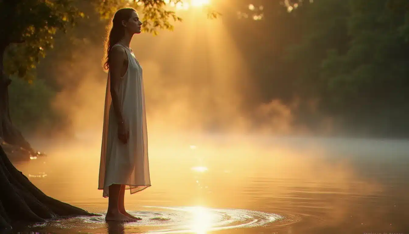 Femme en méditation au bord d'une rivière à l'aube, les mains dans l'eau, pratiquant un nettoyage énergétique des trois rivières dans la lumière dorée du matin