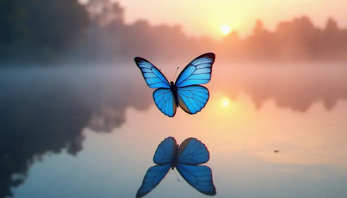 Un papillon bleu en plein vol au-dessus d'un lac brumeux au lever du soleil, sa silhouette se reflétant dans l'eau immobile, évoquant le moment d'apparition d'un signe synchronistique dans la vie quotidienne