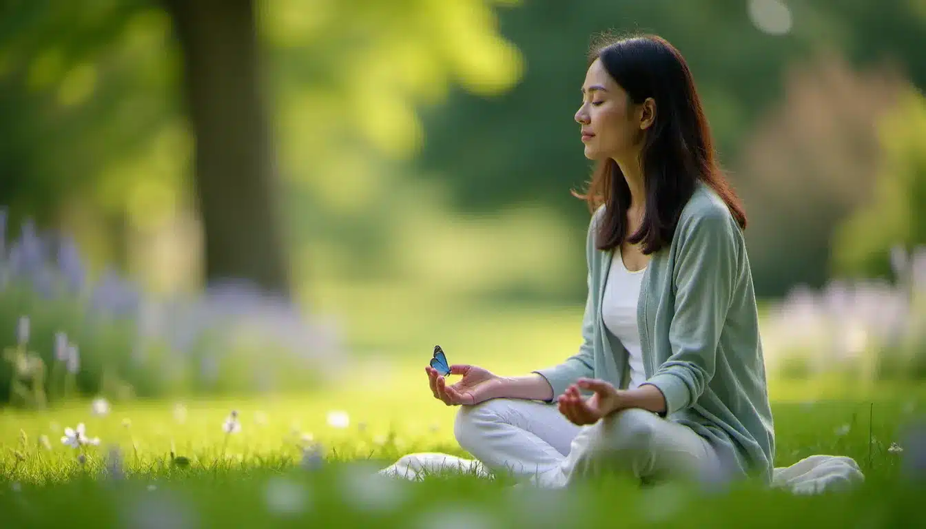 Une femme d'une cinquantaine d'années en méditation silencieuse dans un jardin fleuri avec un petit papillon bleu posé sur son genou, illustrant l'intégration du message spirituel du papillon bleu dans une pratique intérieure quotidienne