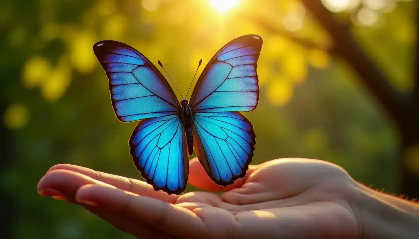 Un grand papillon bleu morpho aux ailes iridescentes posé sur la paume ouverte d'une femme en forêt ensoleillée, illustrant la signification spirituelle profonde du papillon bleu