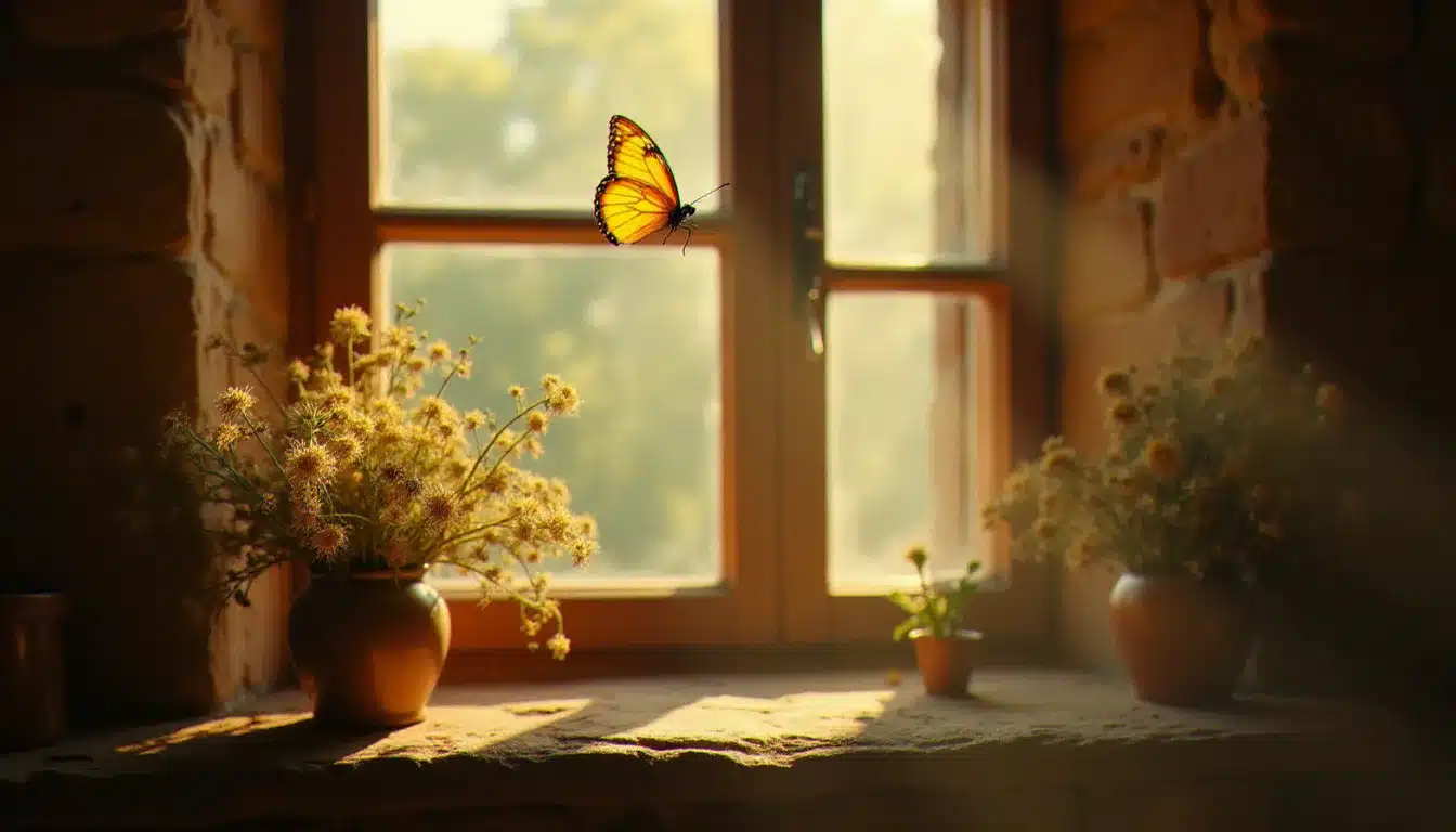 Un papillon jaune voletant près d'une vieille fenêtre en pierre baignée de lumière dorée dans une ferme française, symbole de synchronicité et de messager céleste