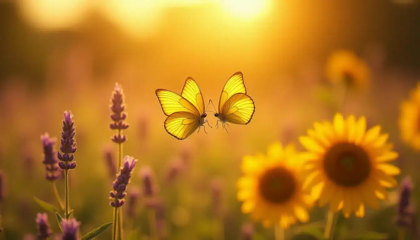 Deux papillons jaunes voletant ensemble au-dessus de fleurs sauvages dans un pré ensoleillé au coucher du soleil, représentant la papillon jaune signification dans l'amour et l'union des âmes sœurs