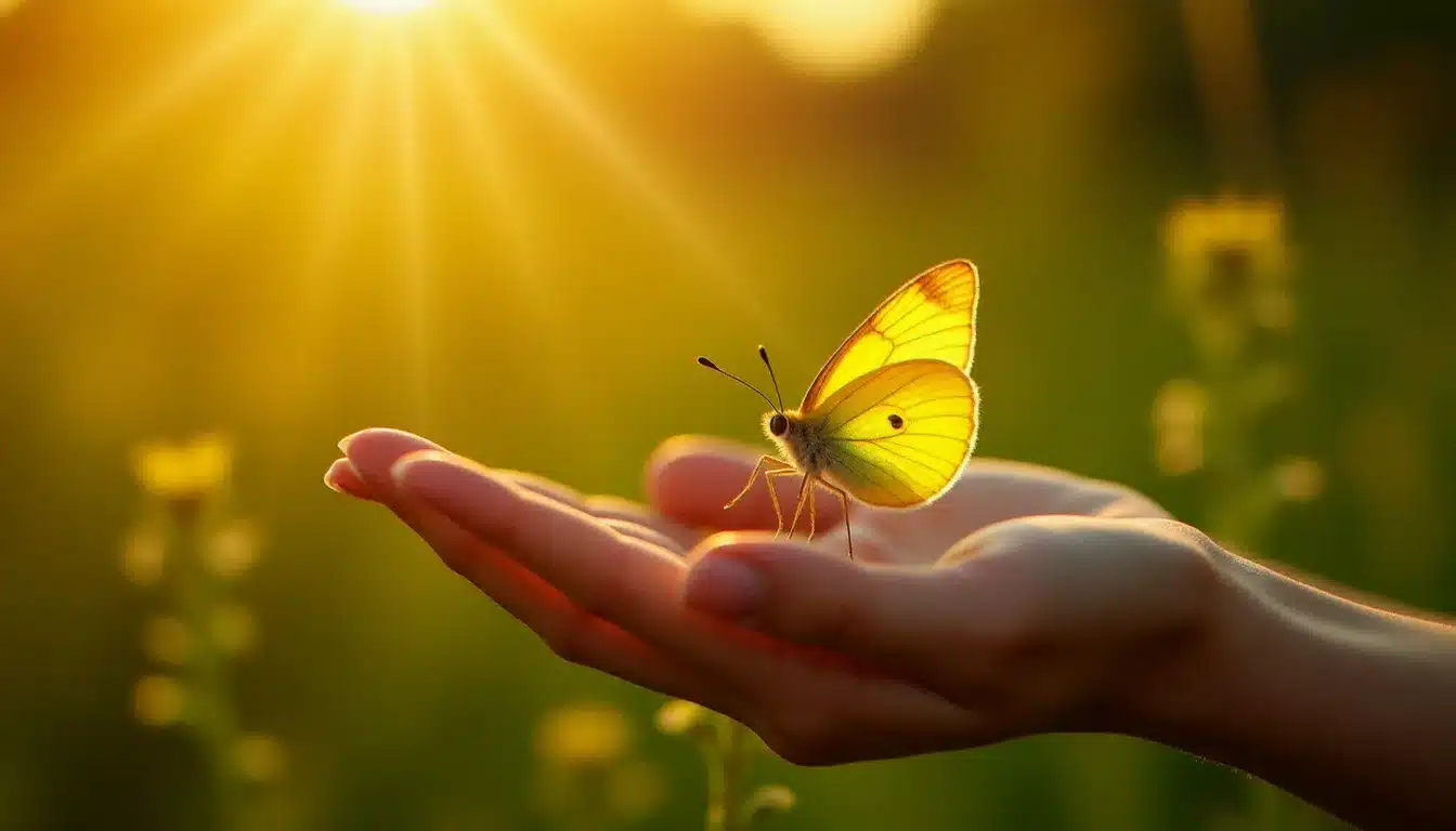 Un papillon jaune lumineux posé sur une main ouverte dans la lumière dorée du soleil, illustrant la papillon jaune signification comme messagère spirituelle de transformation