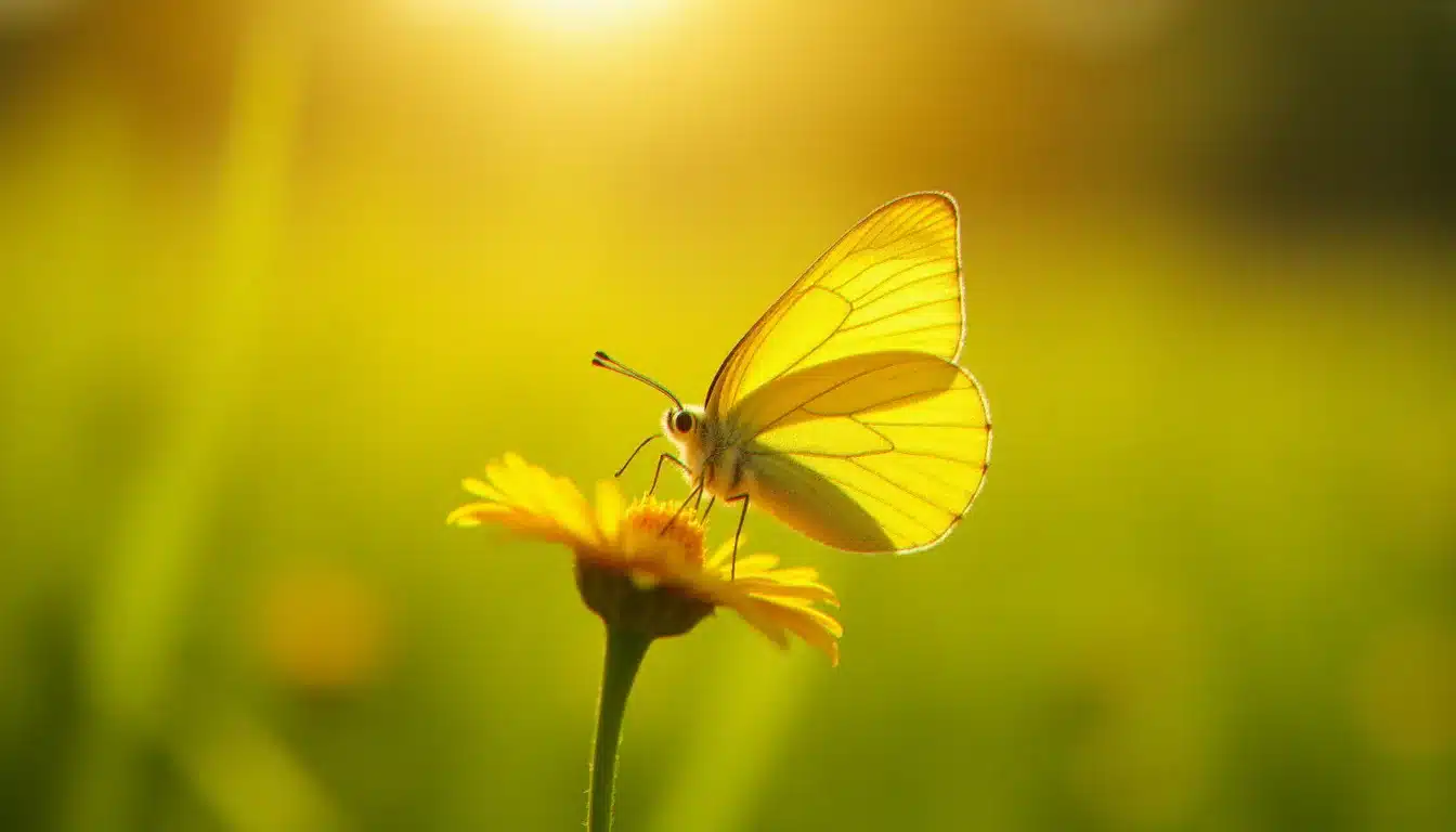 Papillon jaune aux ailes déployées posé sur une fleur sauvage dans une prairie ensoleillée, illustrant la signification spirituelle du papillon jaune