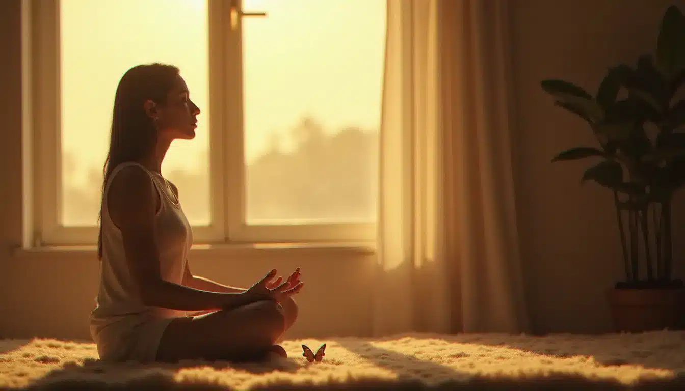 Femme en méditation assise près d'une fenêtre lumineuse avec un papillon blanc posé sur son genou, pratique spirituelle pour accueillir le message du papillon