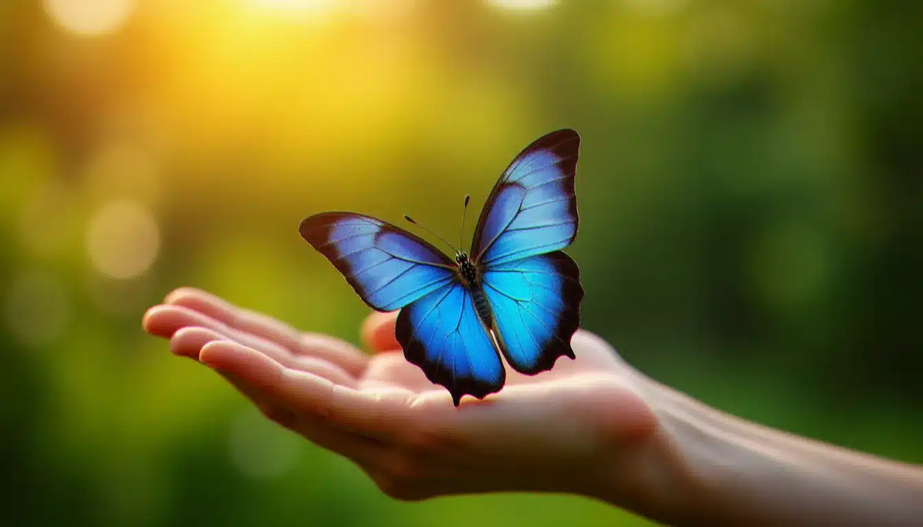 Papillon bleu Morpho posé sur une main ouverte dans un jardin ensoleillé, illustration de la signification spirituelle du papillon