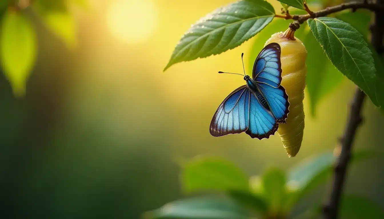 Un papillon bleu en train d'émerger de sa chrysalide dorée sur une branche ensoleillée, illustrant le processus de métamorphose et de transformation symbolisé par la signification spirituelle du papillon bleu