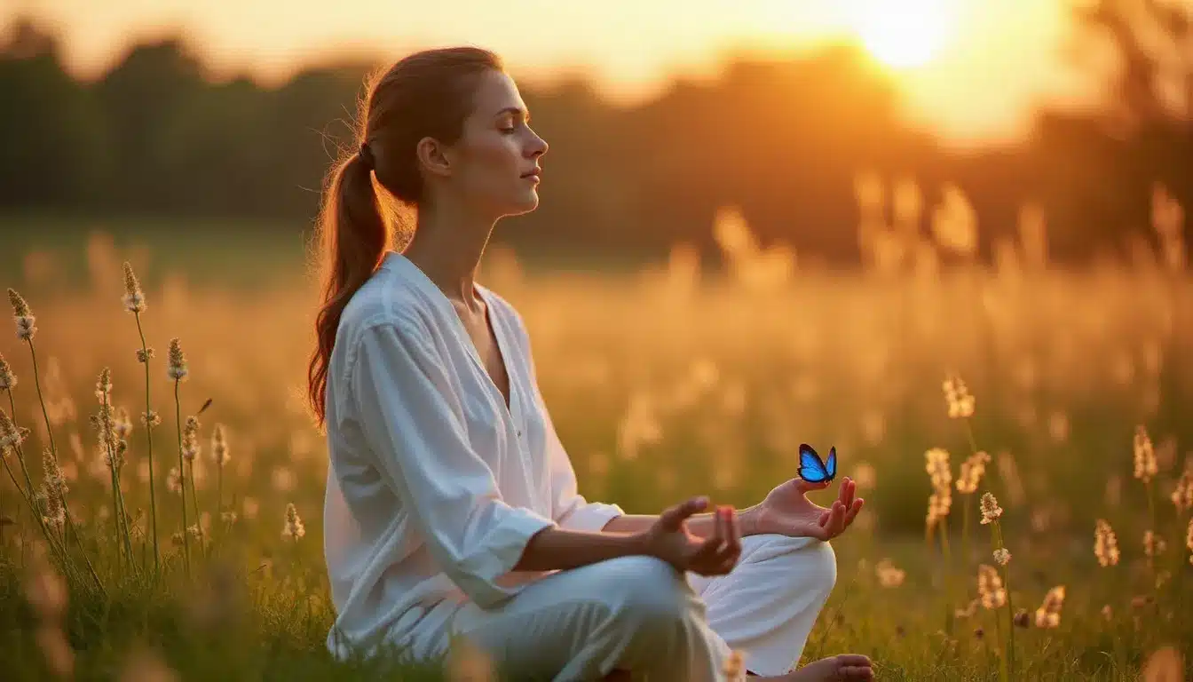 Une femme en méditation dans une prairie fleurie avec un papillon bleu posé sur son genou au coucher du soleil, évoquant la connexion spirituelle et l'interprétation des messages du papillon bleu