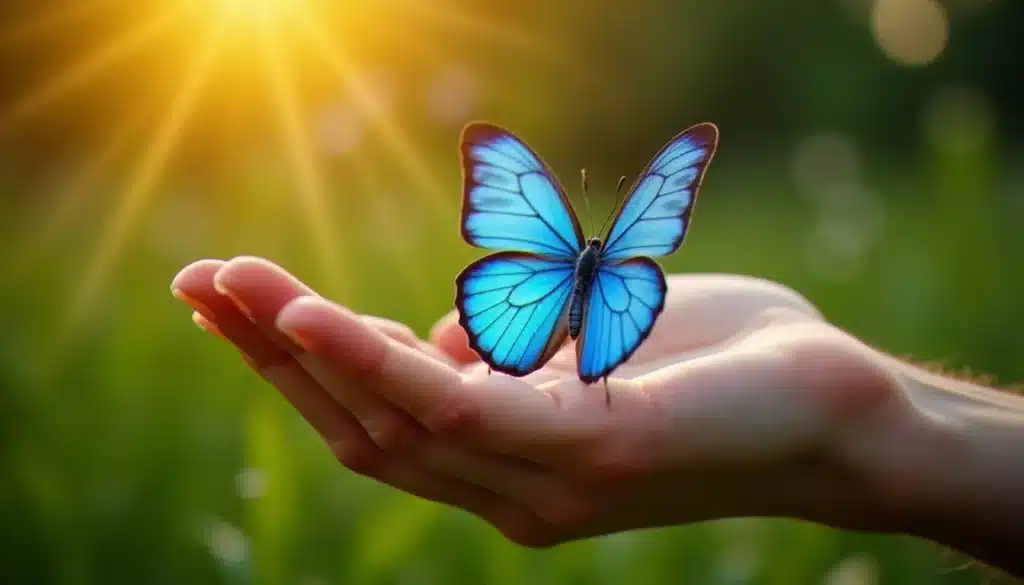 Un papillon bleu aux ailes irisées posé sur une main ouverte dans la lumière dorée du matin, symbolisant la papillons bleu signification et le message spirituel de transformation